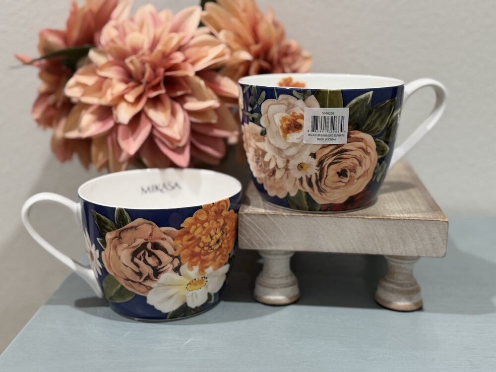 Set of 2 Mikasa Blue Base Wildflower Blooms Bone China Soup Mugs- 4.75”